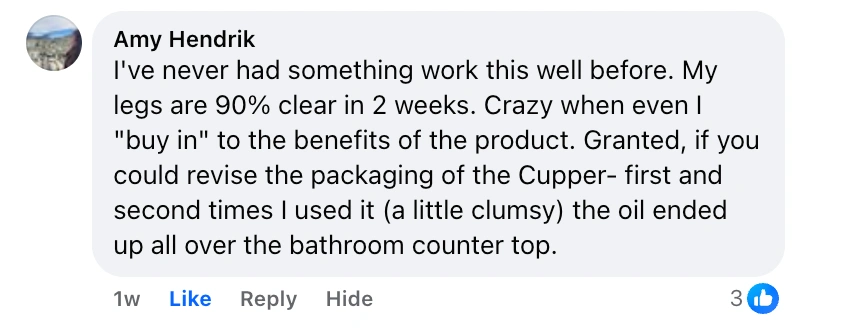 A user comment about product effectiveness and packaging issues.