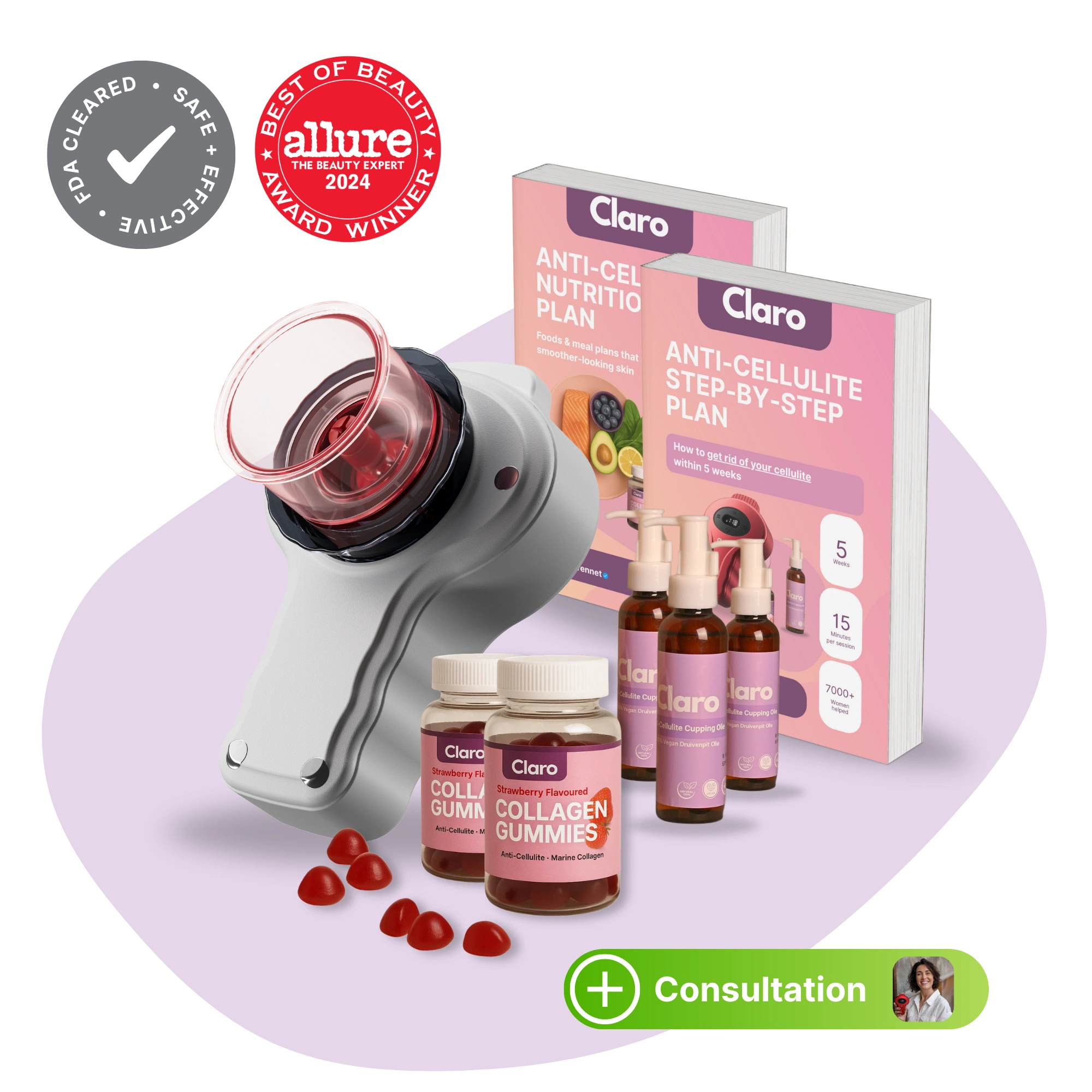 Claro beauty products, books, device, and gummies with awards and consultation icon.