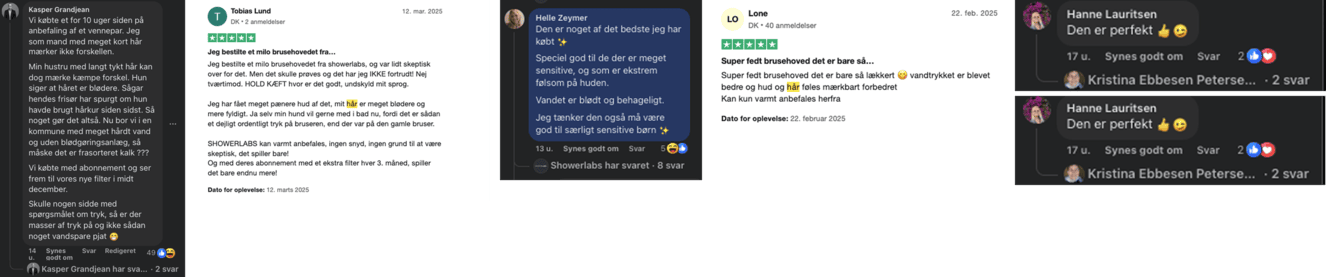 Collage of text reviews and comments in Danish with star ratings and emojis.