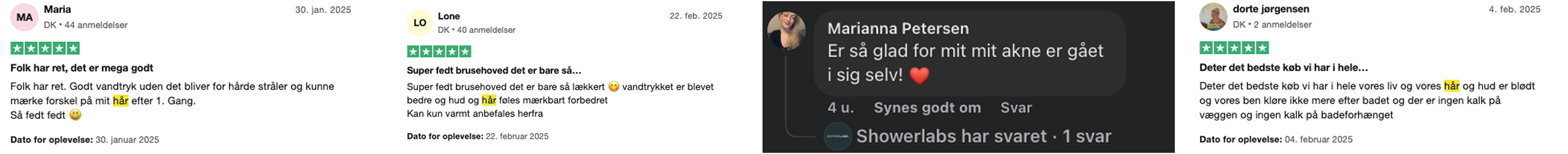 Four Danish reviews with star ratings and comments about a shower product.