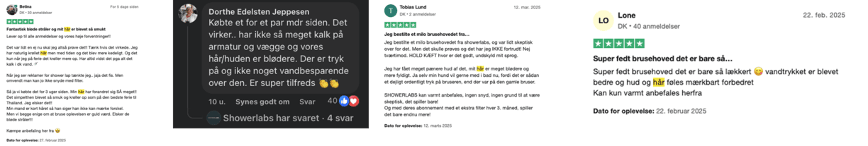 Collage of Danish text reviews with star ratings and user names.
