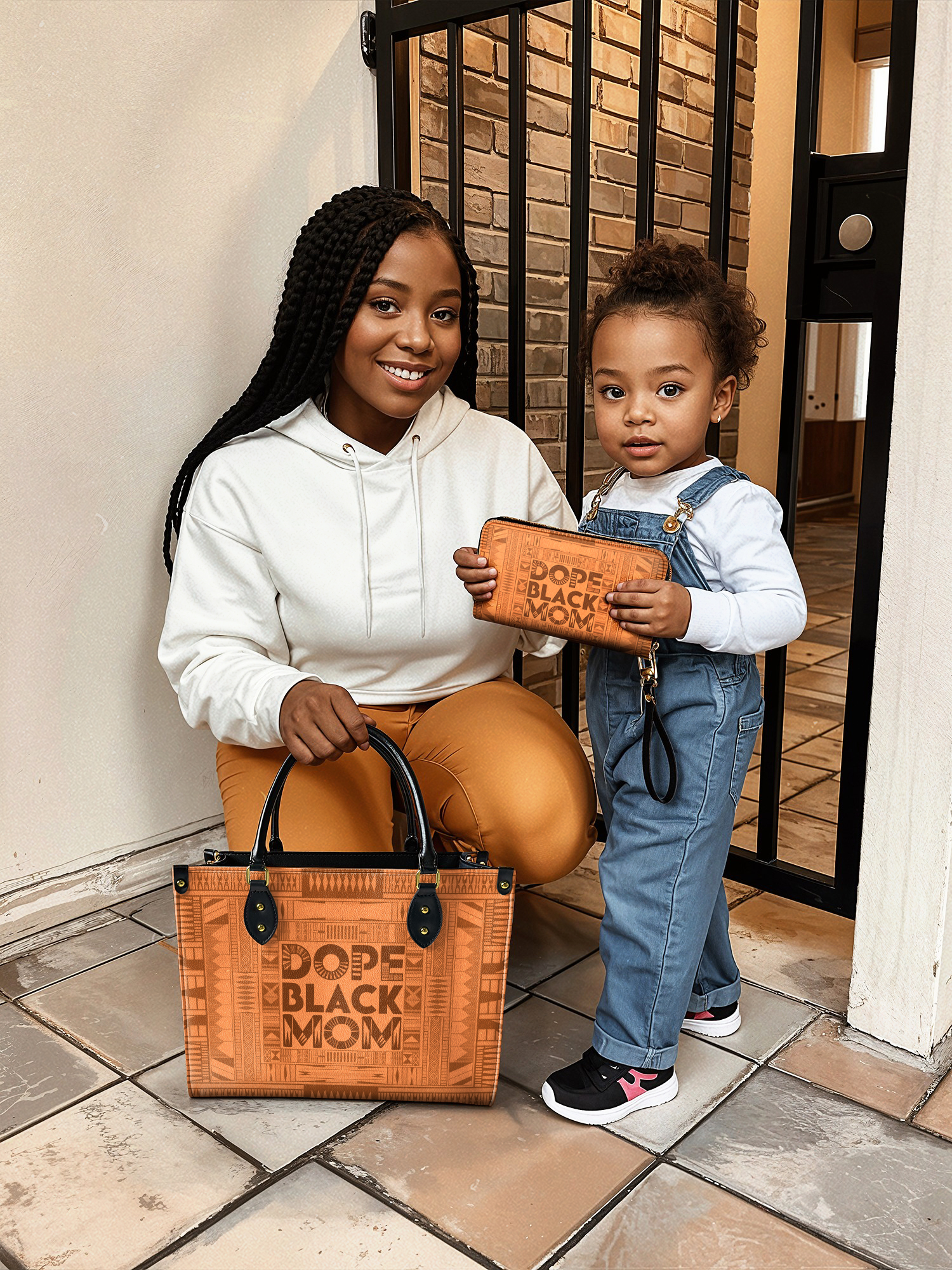 Woman and child holding matching bags with 'Dope Black Mom' text.
