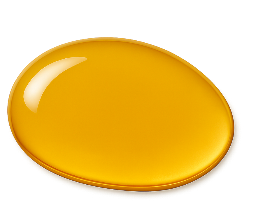 Glossy, yellow, oval-shaped liquid droplet on a transparent background.