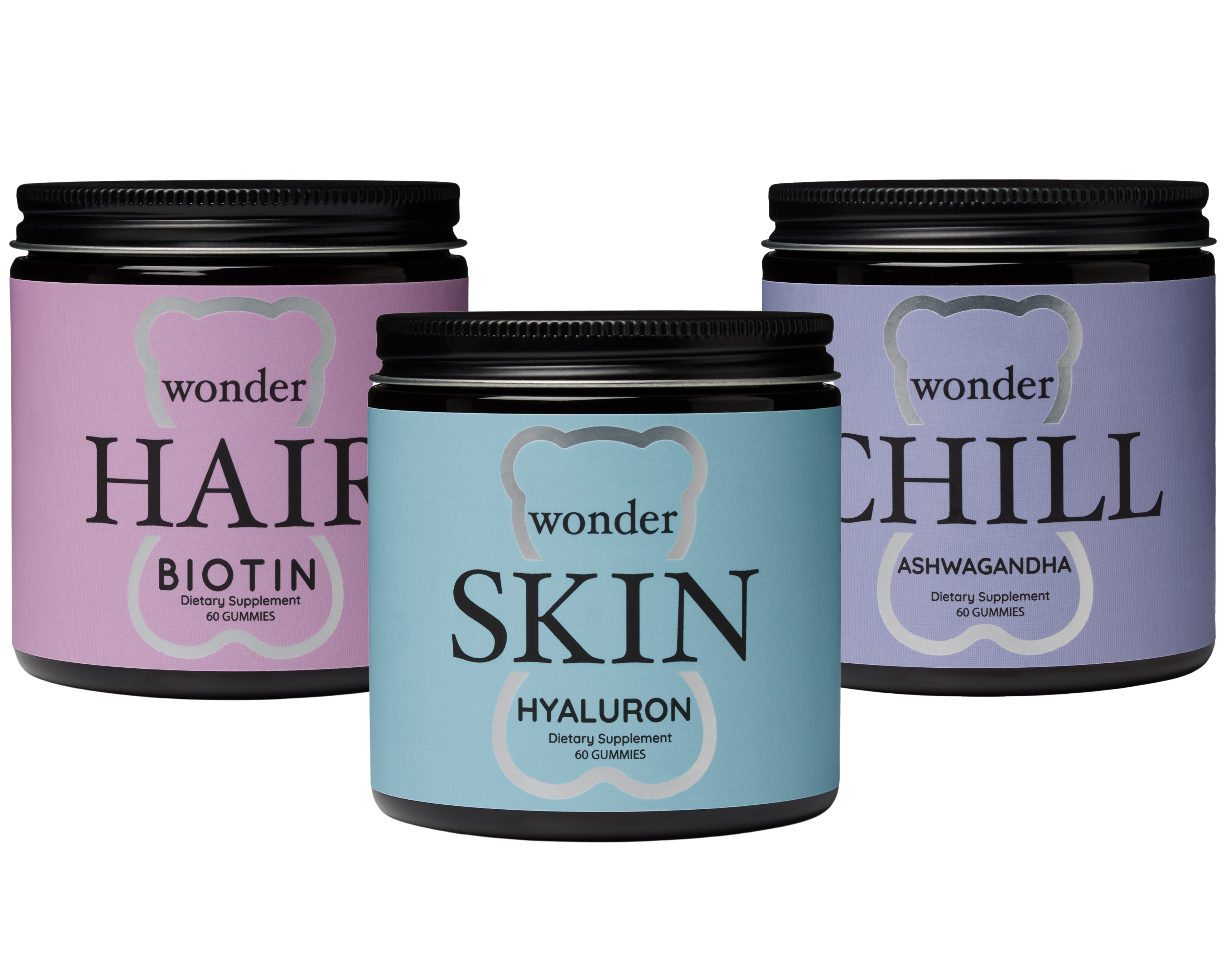 Three jars of dietary supplements labeled Hair, Skin, and Chill.