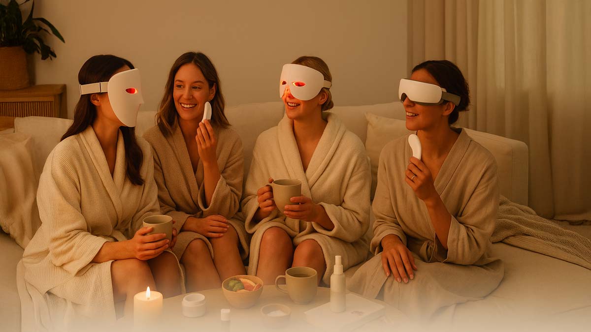 Four women in robes, two wearing LED masks, holding mugs and skincare devices.