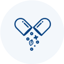 A blue line drawing icon of an open capsule, with its contents including a leaf spilling out.