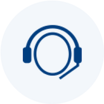 A blue icon of a headset with a microphone inside a light gray circle.