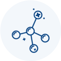 A blue line icon of a molecule with a central node connected to four others.