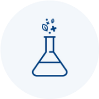 A line drawing icon of a lab flask with leaves and sparkles coming out of the top.