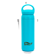 Blue insulated water bottle with a handle on top.