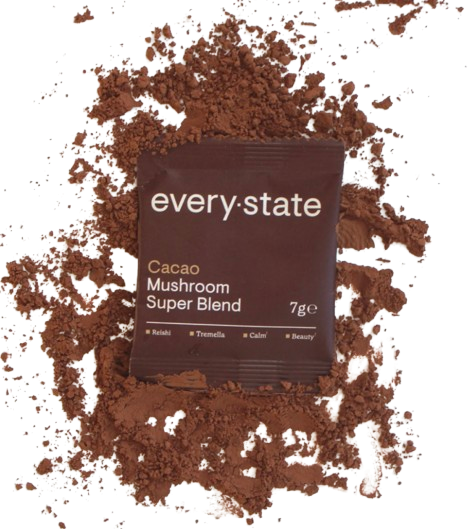 Packet of cacao mushroom super blend surrounded by spilled powder.
