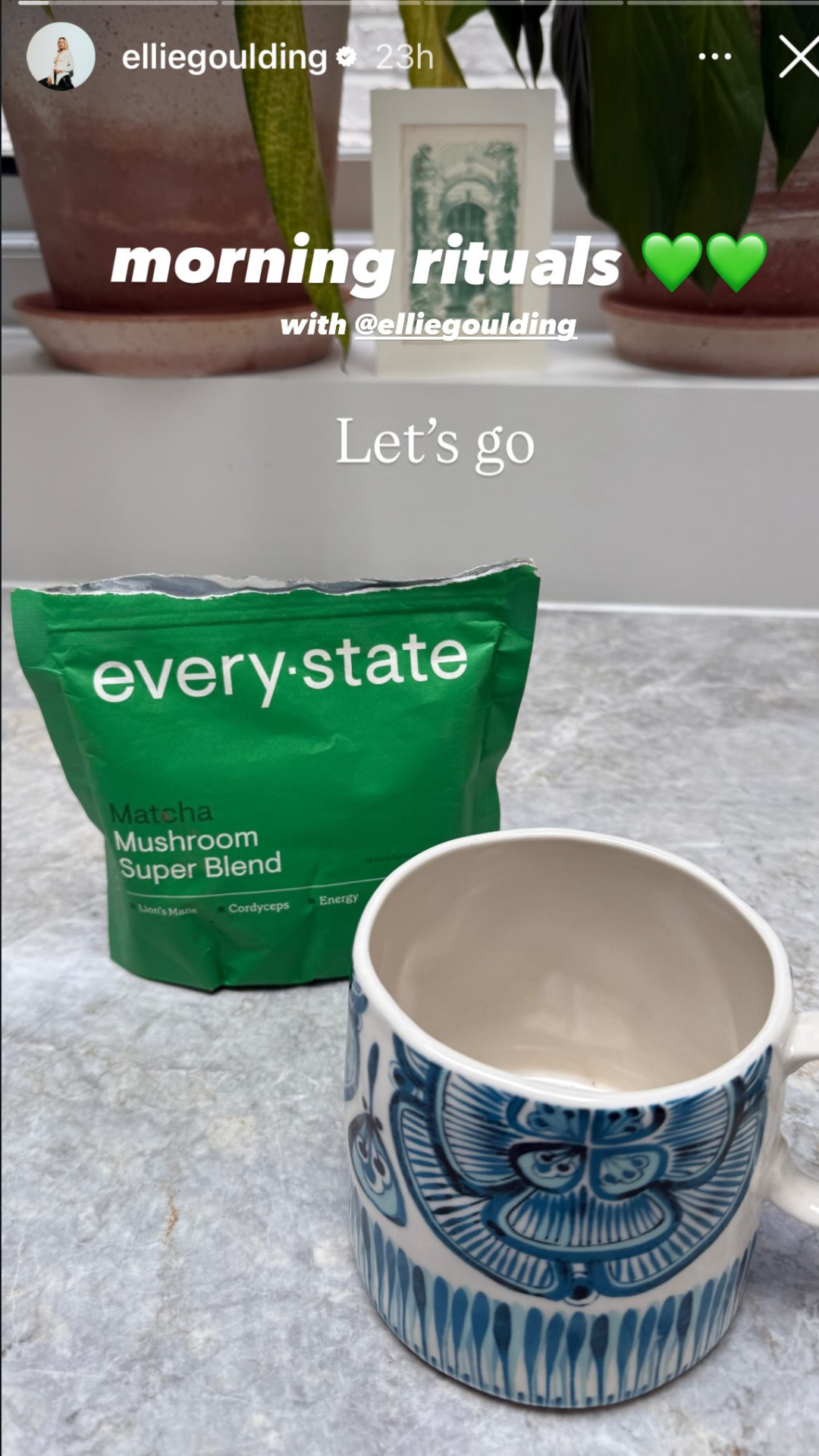 Green matcha mushroom blend package beside a patterned ceramic mug.