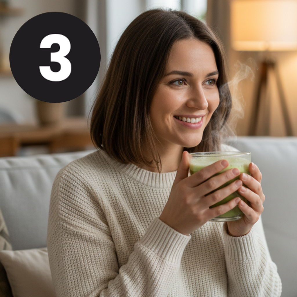 A smiling woman in a sweater holds a steaming green drink. A black circle with the number 3 is overlaid.