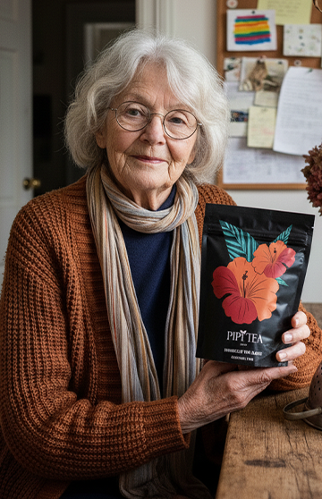An older woman wearing glasses and a scarf smiles while holding a pouch of Pipi Tea.
