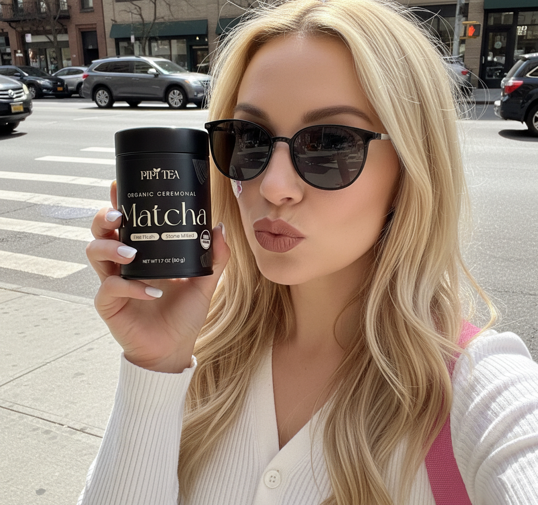 A blonde woman in sunglasses holds a black canister of Piky Tea matcha on a city street.