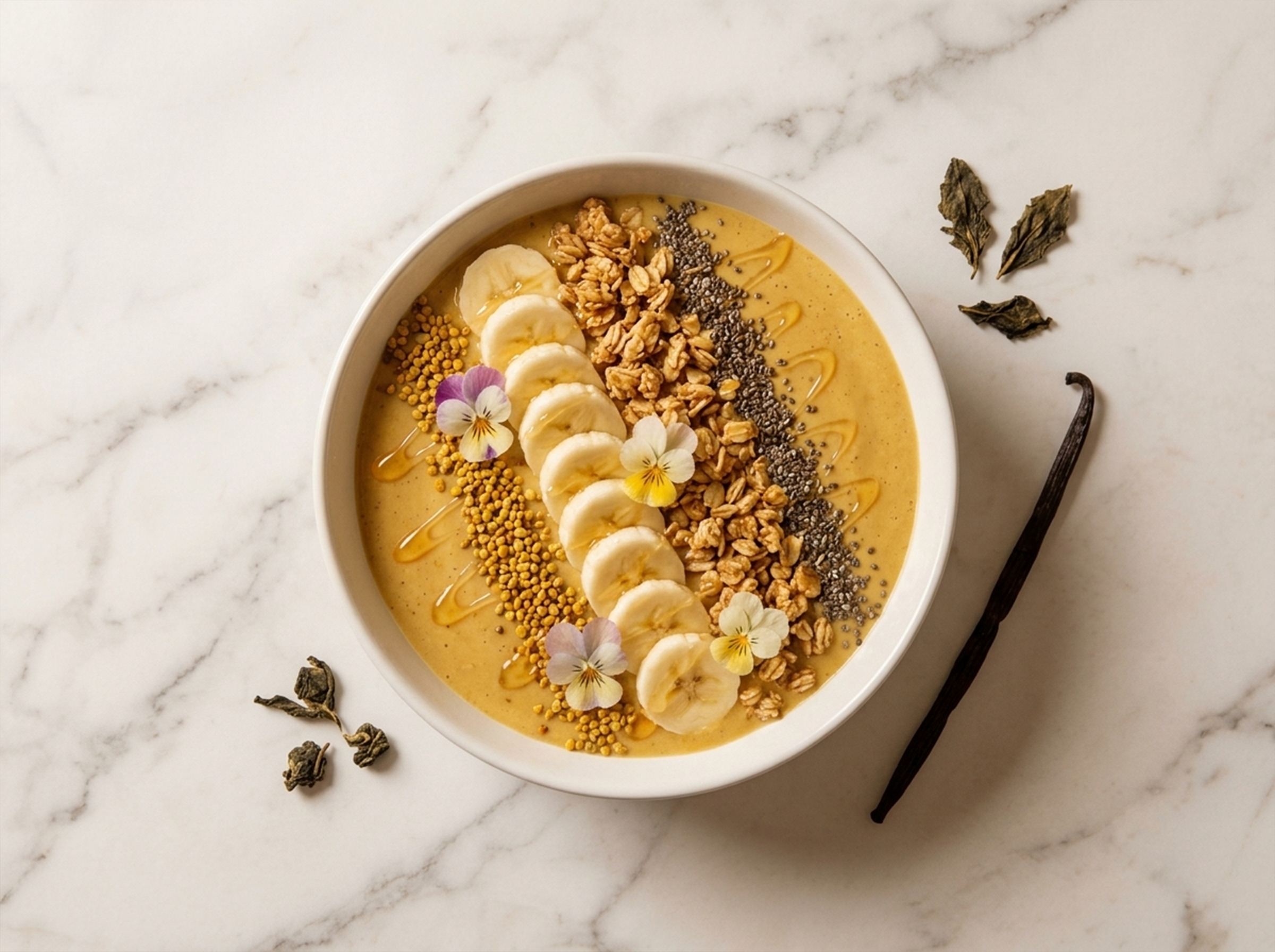 An overhead shot of a smoothie bowl with banana, granola, chia seeds, and flowers on a marble surface.