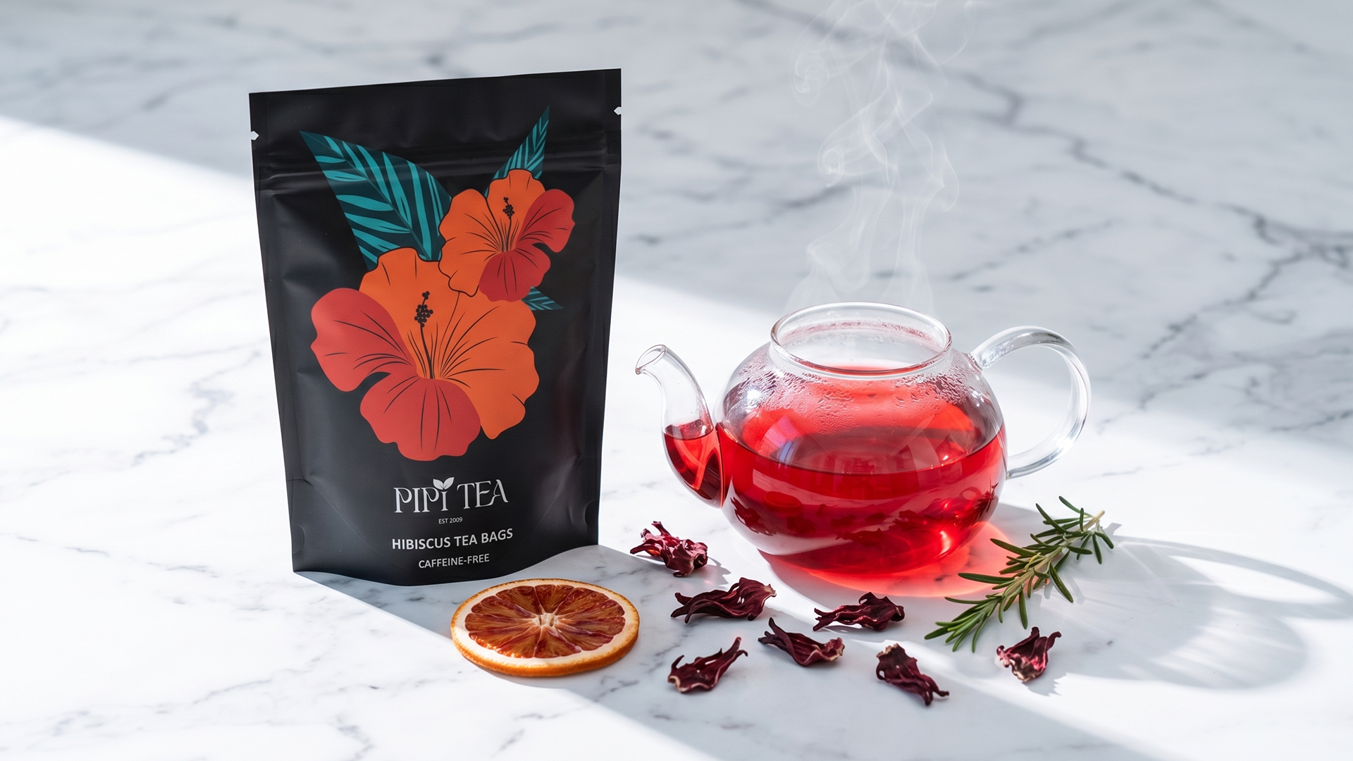 A bag of hibiscus tea next to a steaming glass teapot of red tea on a marble surface.