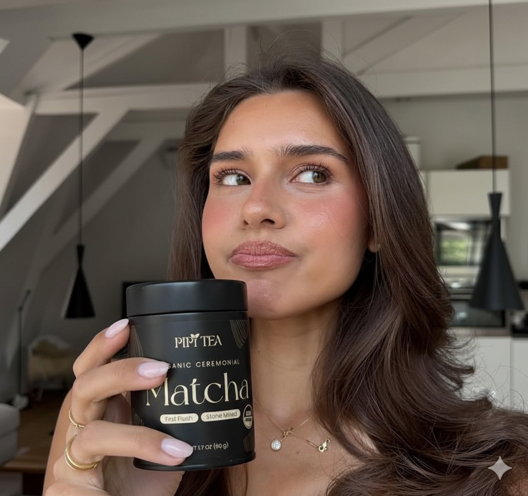 A woman with long brown hair holds a black tin of Pipi Tea Matcha, looking to her right.