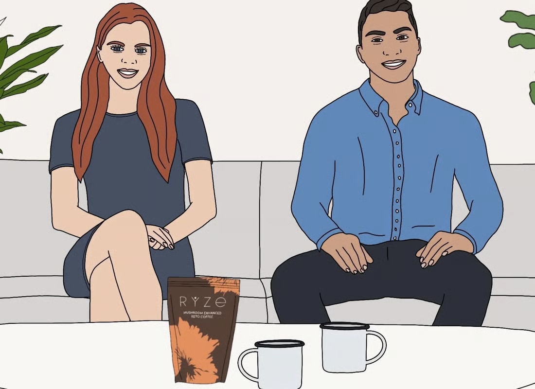 An illustration of a woman and a man sitting on a couch with Ryze coffee on a table.