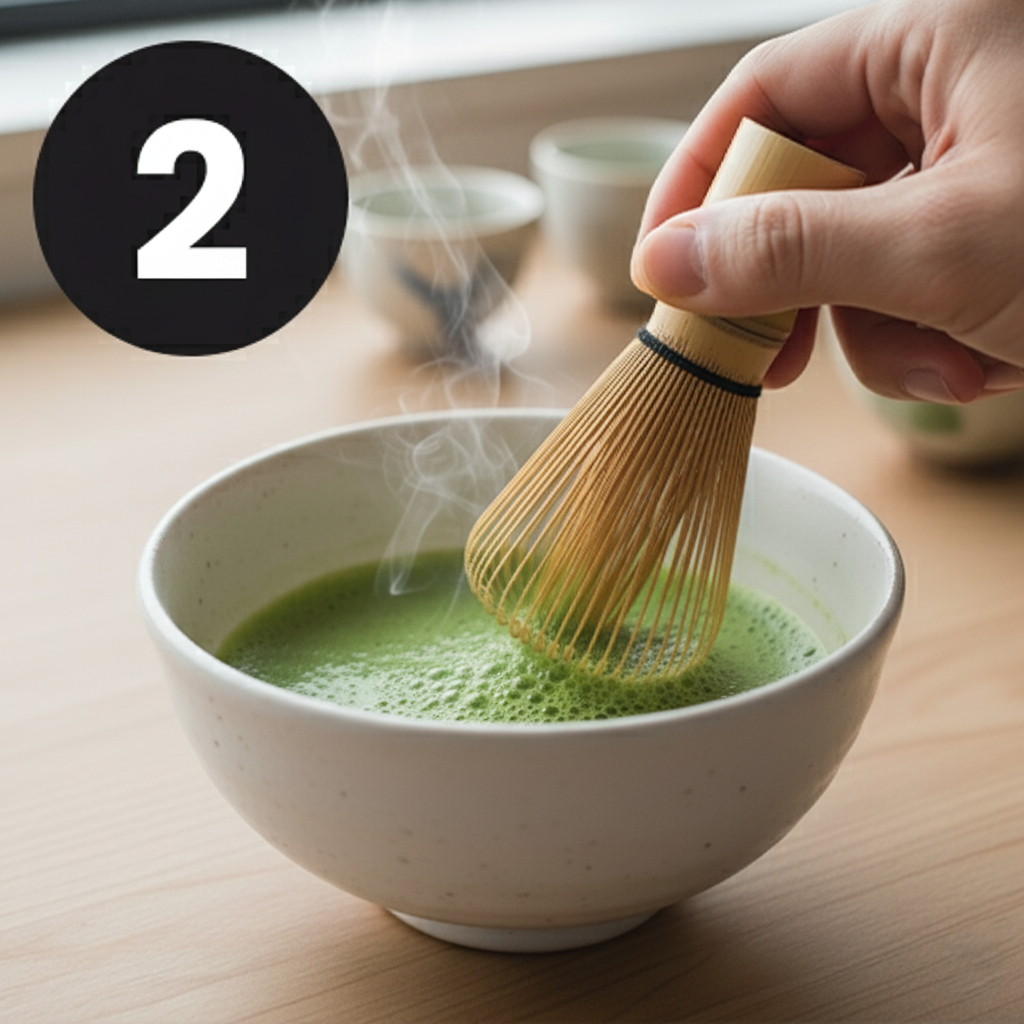 A hand uses a bamboo whisk to mix steaming green matcha tea in a white bowl.