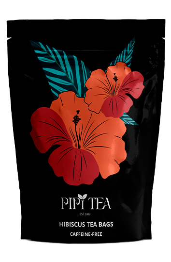 A black pouch of Pipi Tea brand hibiscus tea bags with an illustration of hibiscus flowers.