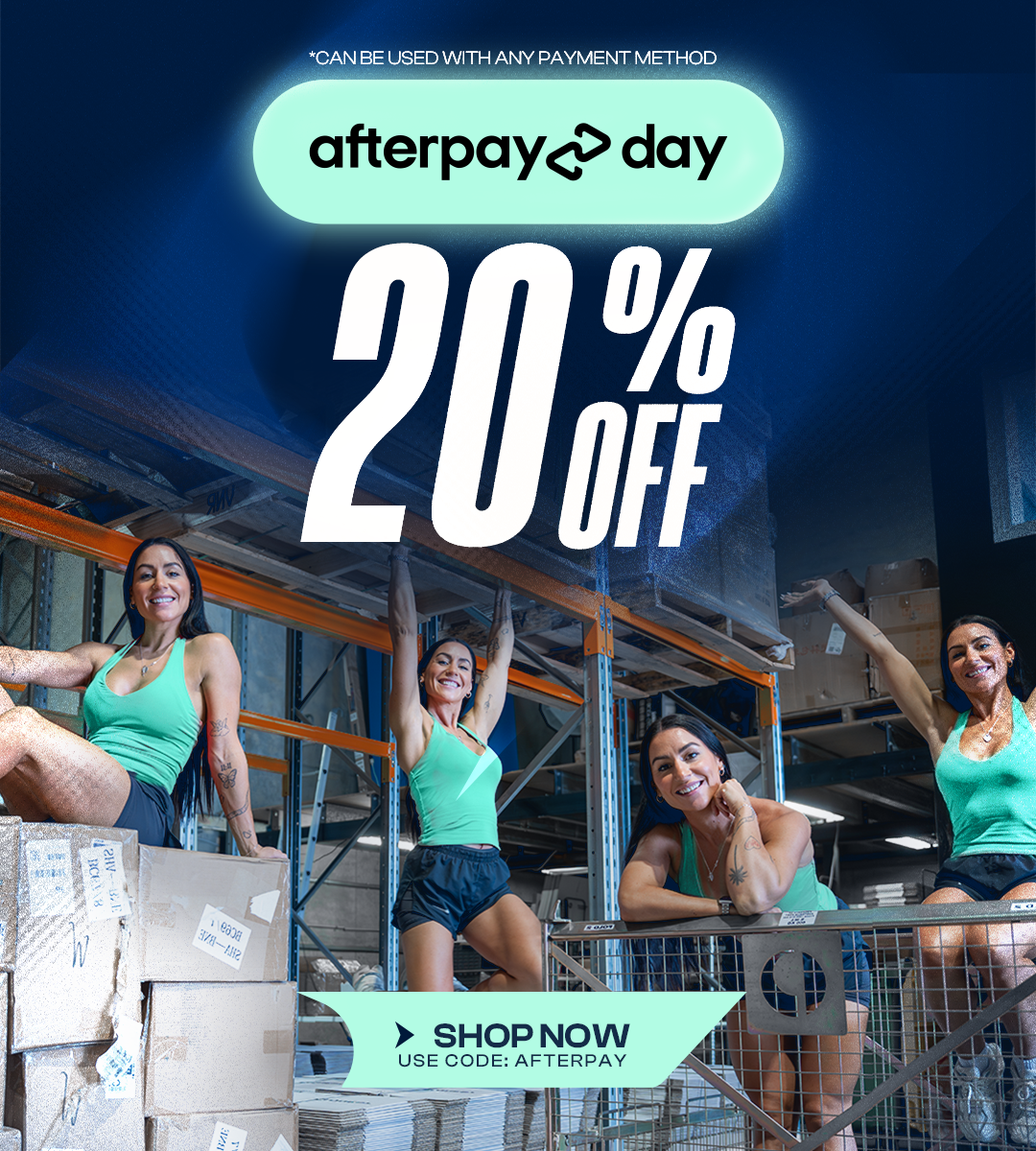 Four women in mint green tops pose in a warehouse for an 'Afterpay Day 20% OFF' promotion.