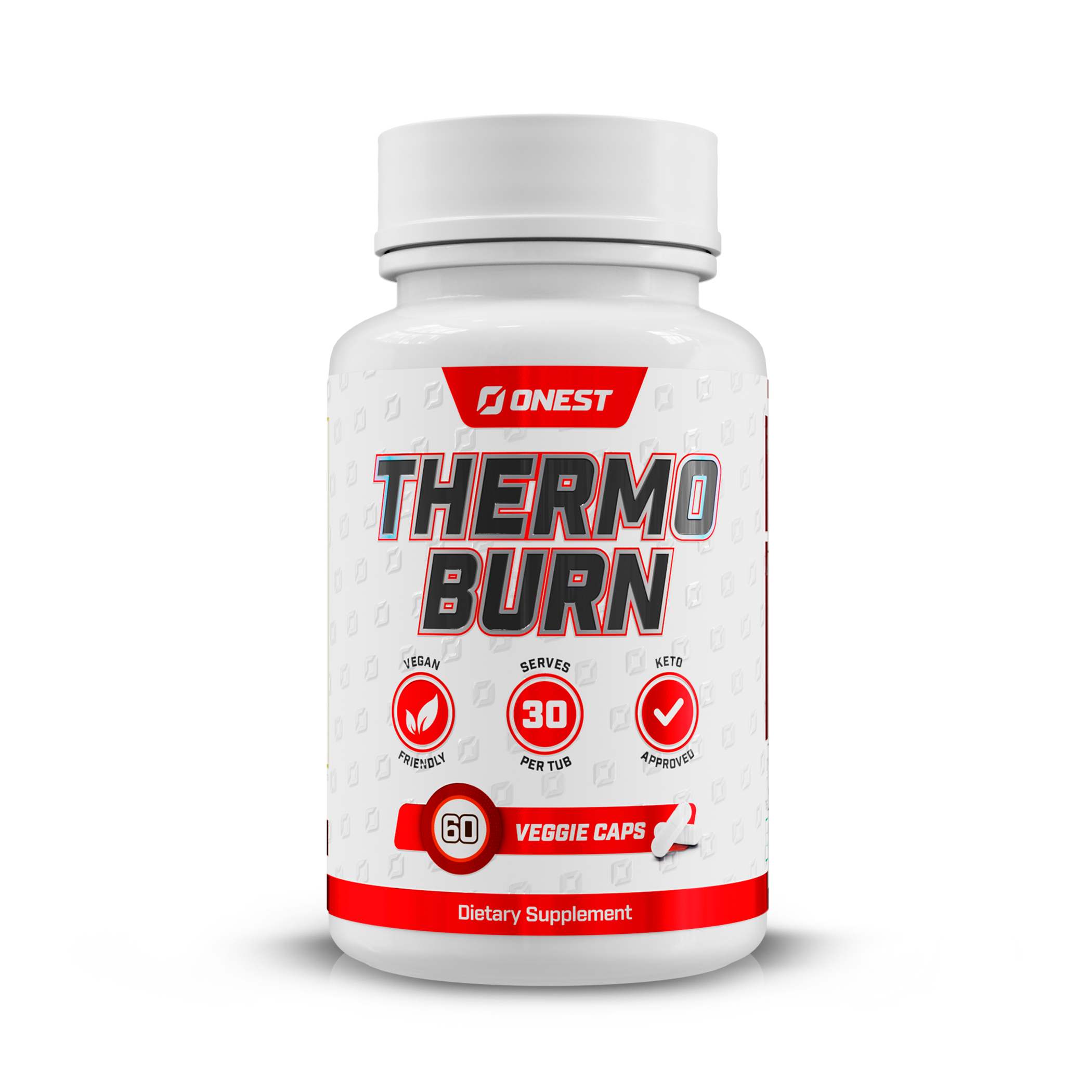 A white bottle of Onest Thermo Burn dietary supplement on a green background.