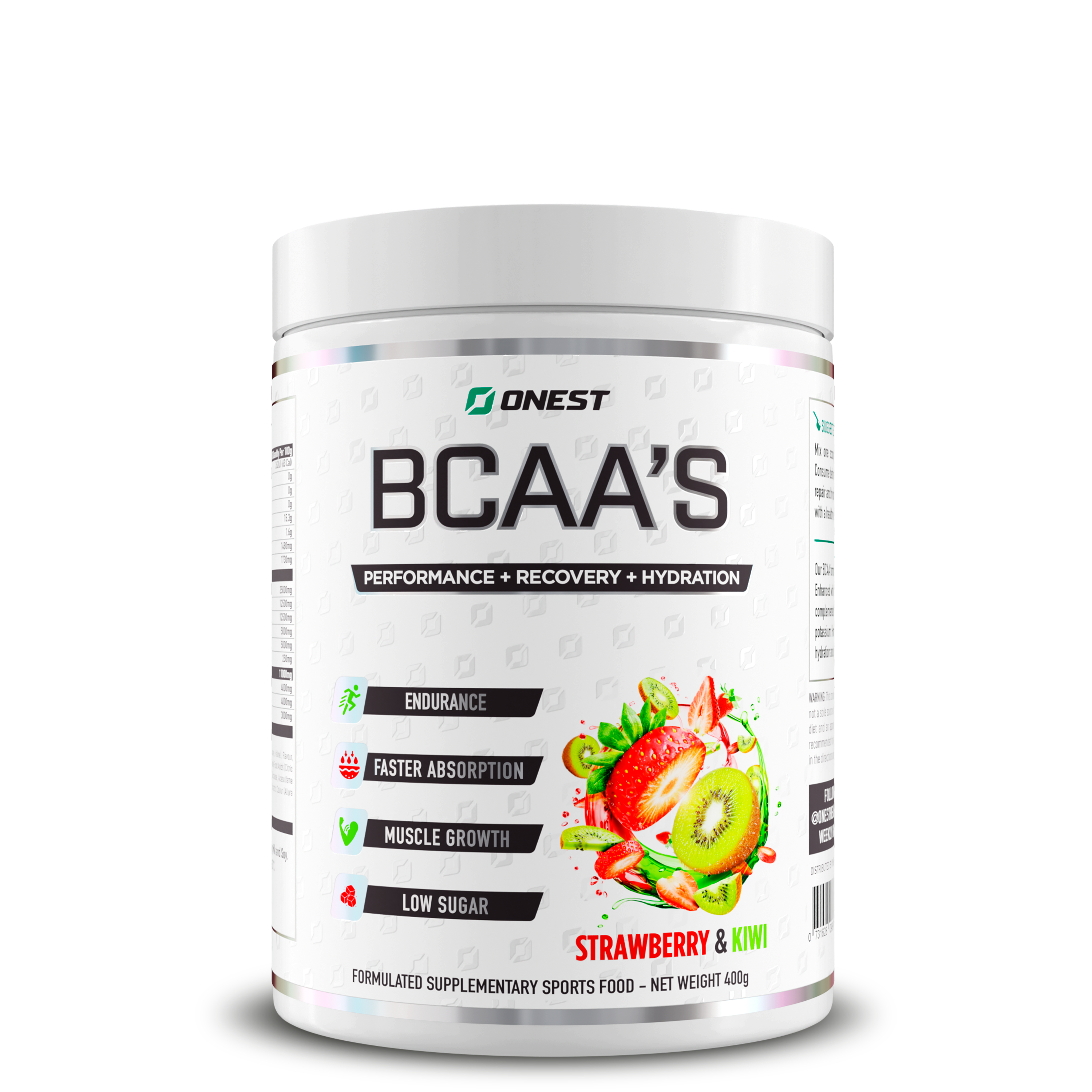 Container of BCAA's supplement with strawberry and kiwi flavor, labeled for performance and recovery.