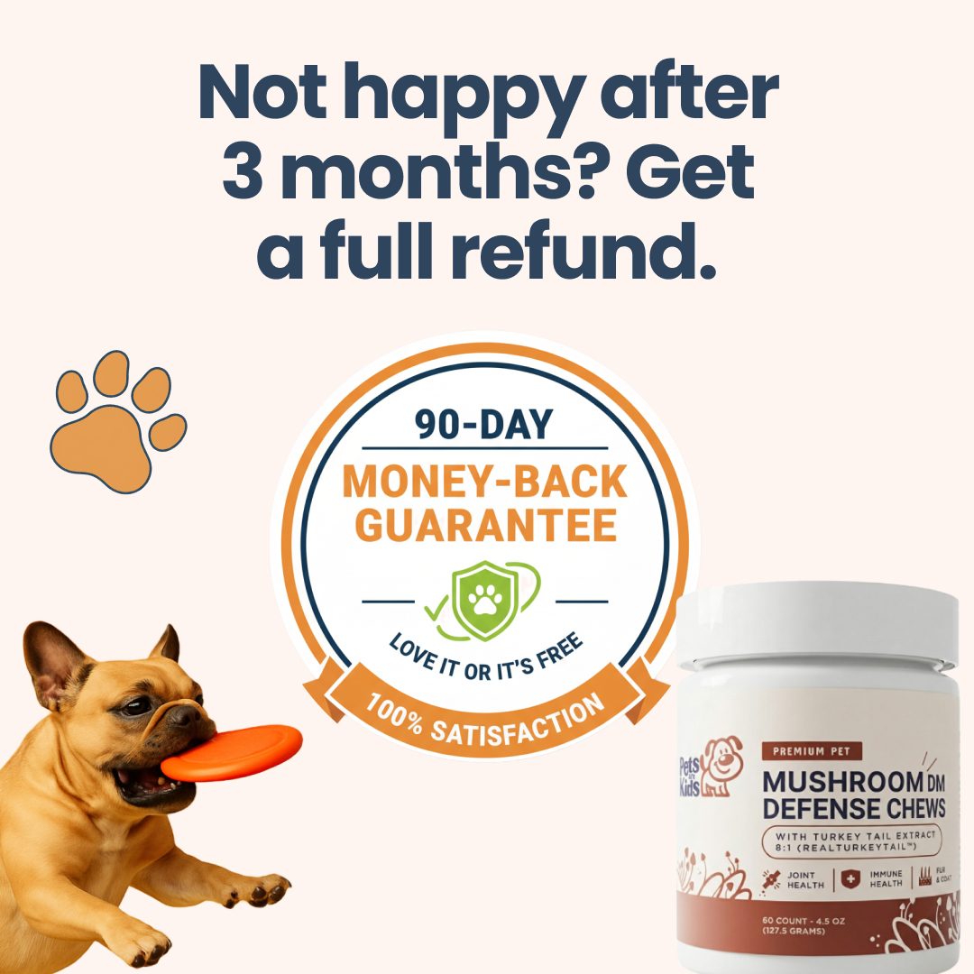 An ad for pet mushroom chews showing a dog playing and a 90-day money-back guarantee seal.