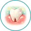 An illustration of a sparkling white tooth and pink gums inside a light blue circular border.