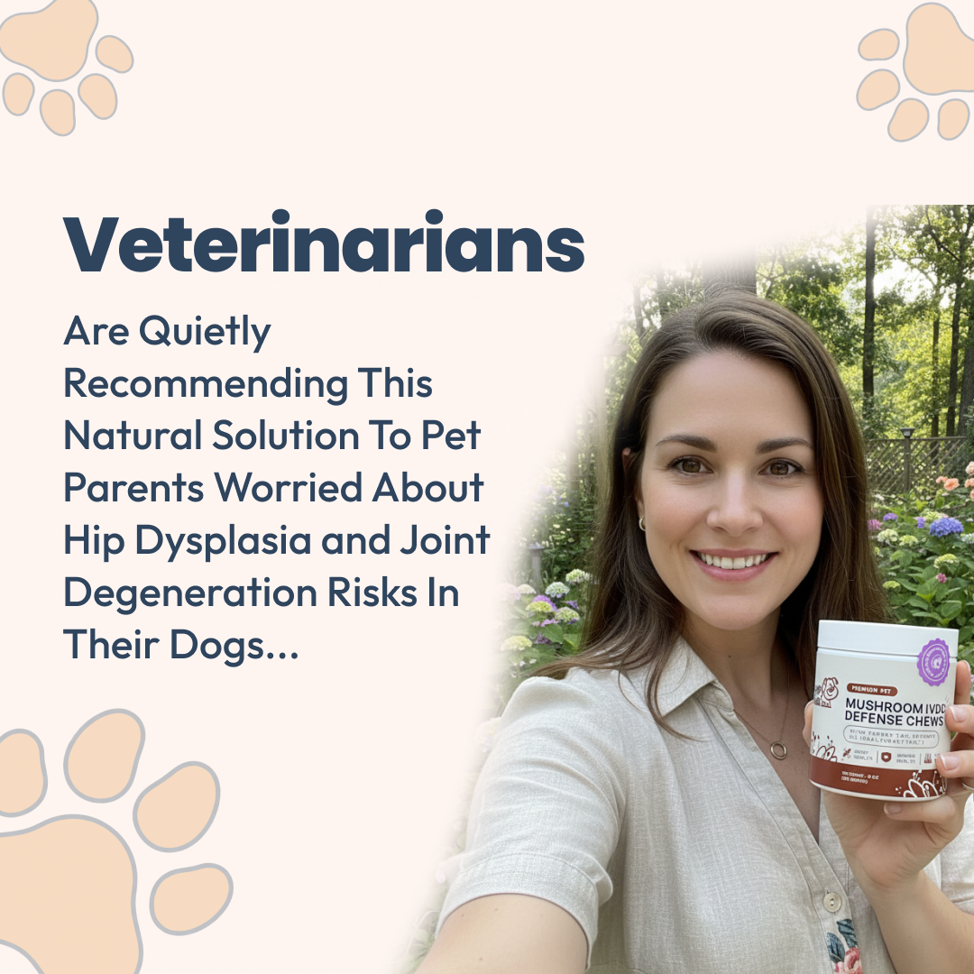 A smiling woman holds a container of Mushroom IVDD Defense Chews for dogs in front of text.
