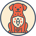 Illustration of a red dog with a shield on its chest.