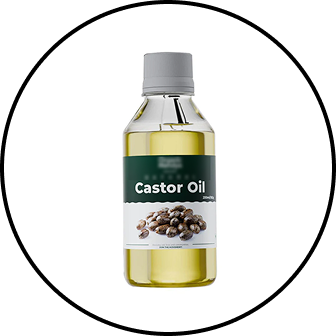 A clear plastic bottle of Castor Oil with a grey cap, shown inside a black circular frame.