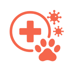 Red medical cross, paw print, and virus icons on a white background.