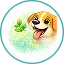 Cartoon illustration of a happy brown and white dog with its tongue out, next to some green leaves.
