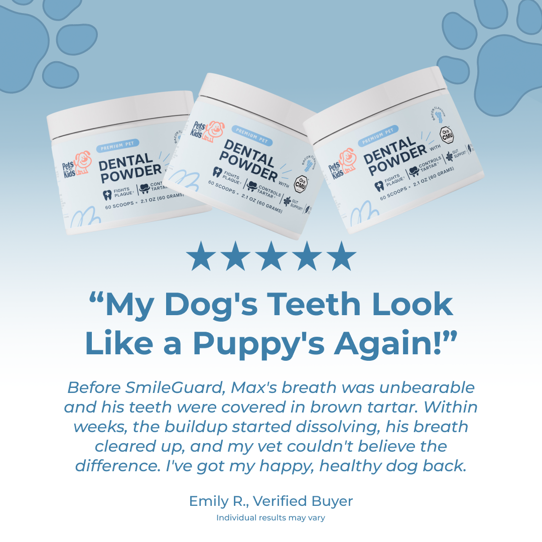 An advertisement for pet dental powder, showing the product and a five-star customer testimonial.