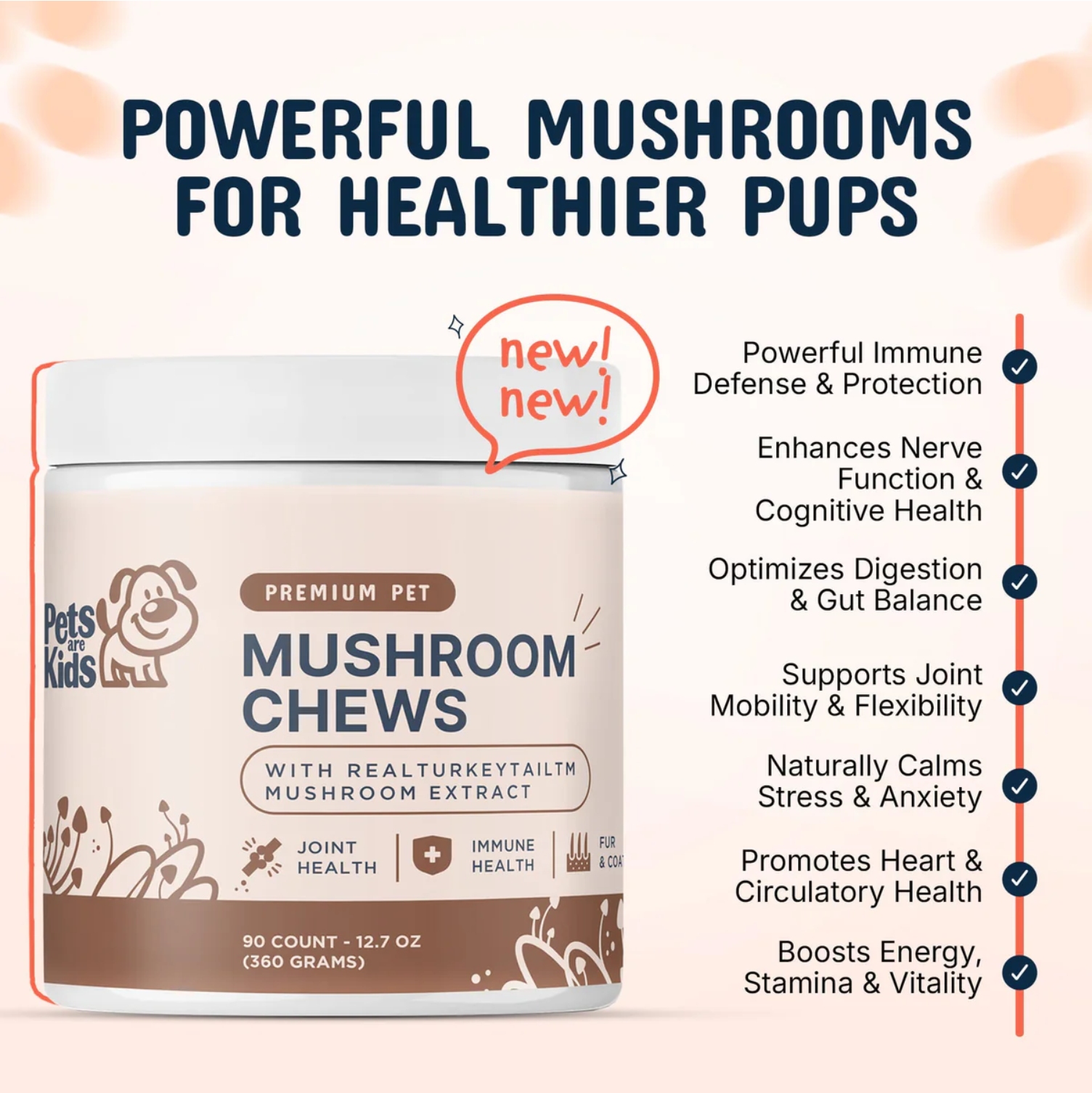 Image of mushroom chews for dogs with health benefits listed.