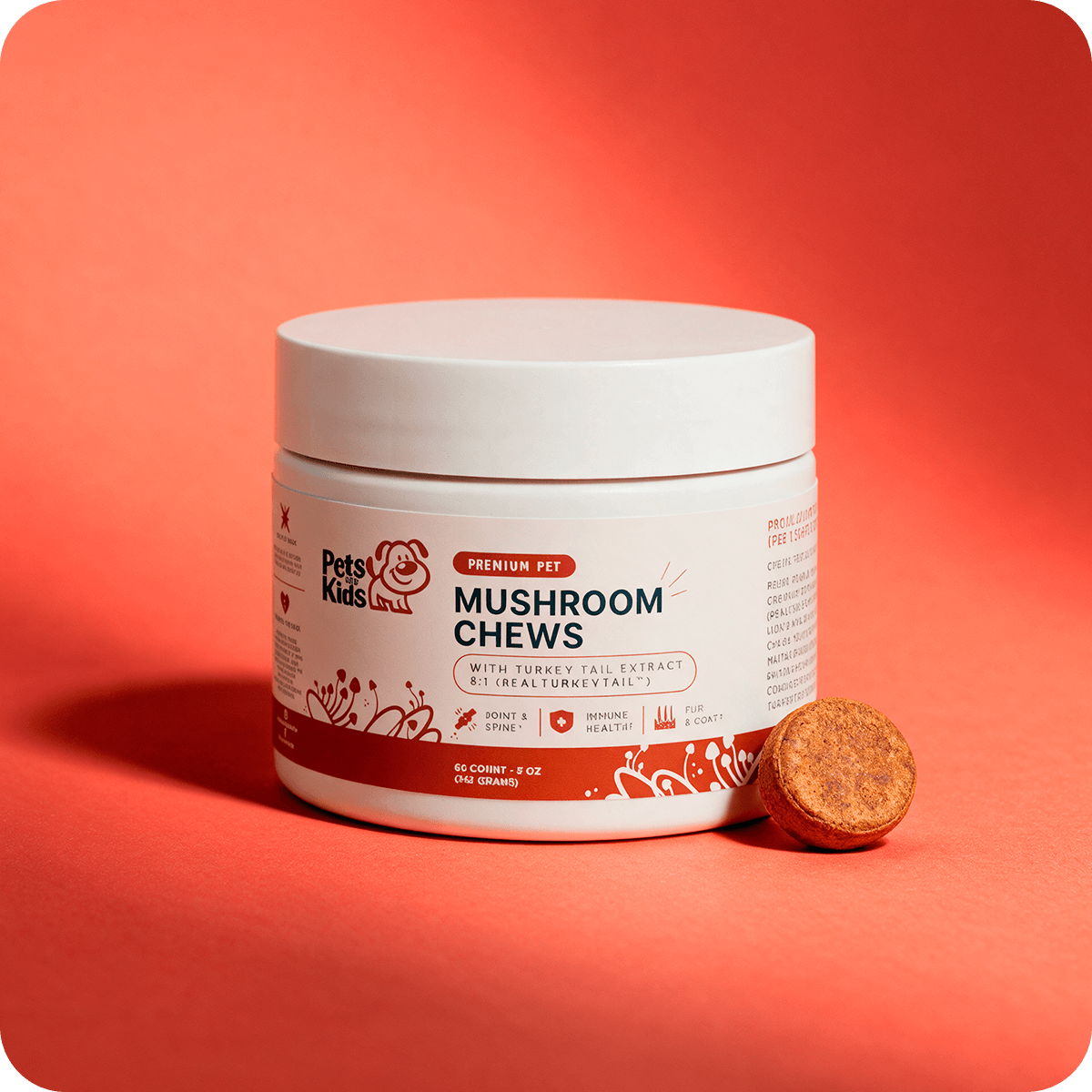 A white jar of Pets for Kids Mushroom Chews with one chew next to it on an orange background.