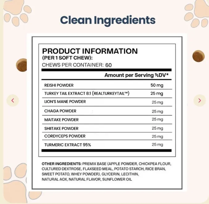 A product information label showing the clean ingredients for a pet soft chew supplement.