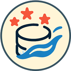 Graphic with a database cylinder, wave, and three stars.