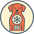 Illustration of a dog with a snowflake and bone inside its body.