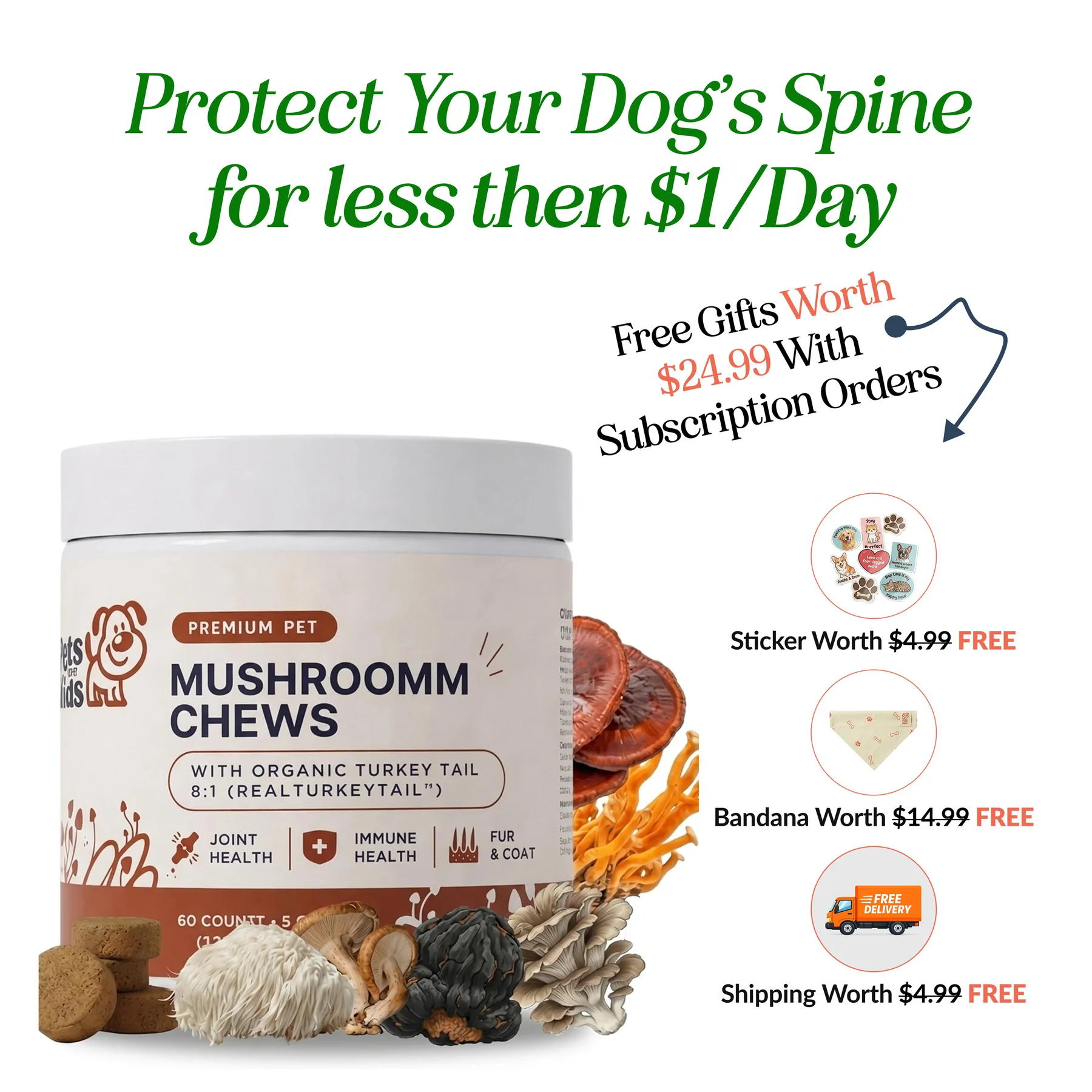 An advertisement for dog mushroom chews, showing the product, ingredients, and a special offer with free gifts.