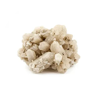 A cluster of rough, off-white, pointed mineral crystals on a white background.