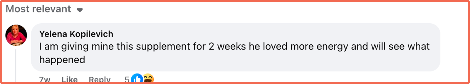 A screenshot of a social media comment from Yelena Kopilevich about giving someone a supplement.