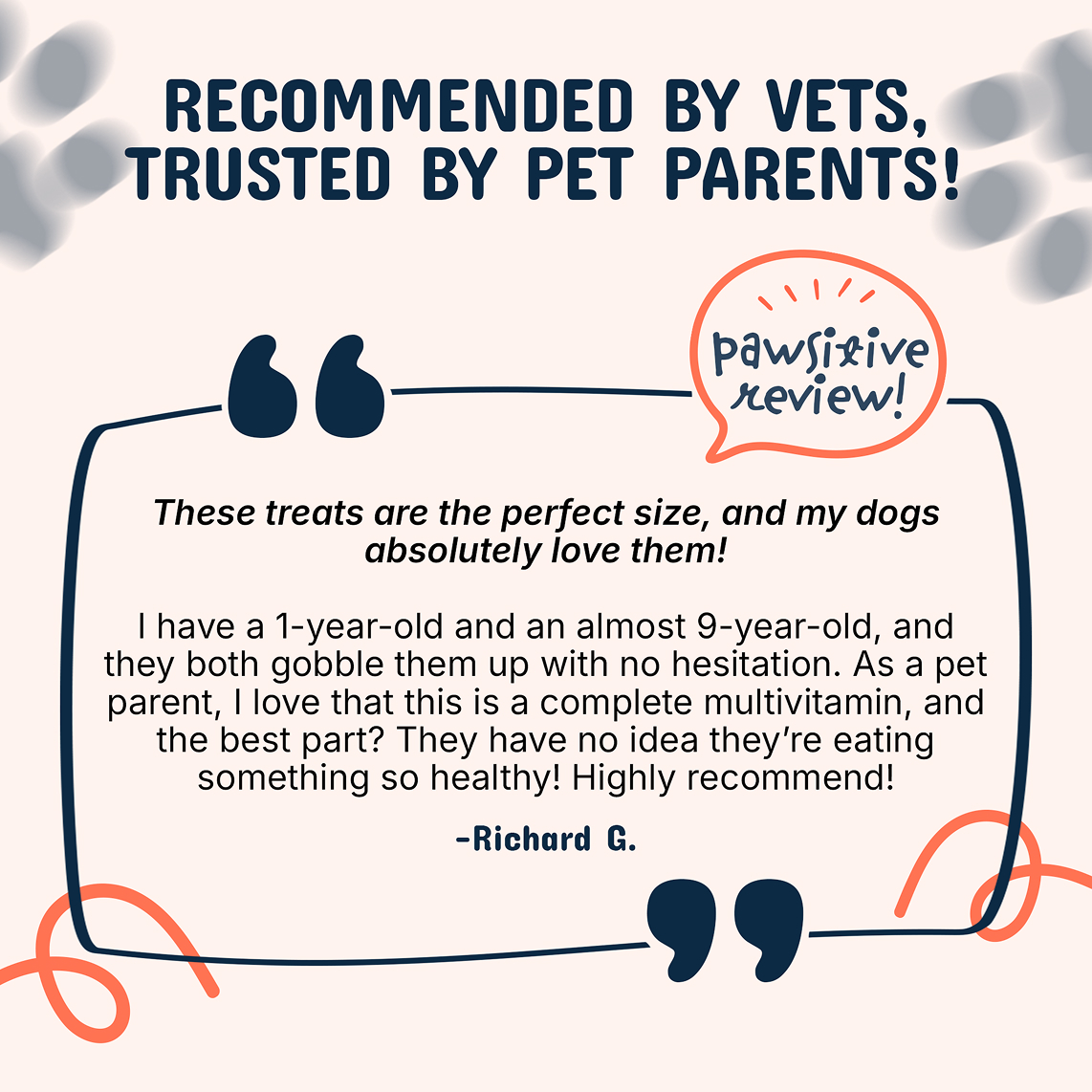 Graphic with a pet treat review and recommendation by Richard G.