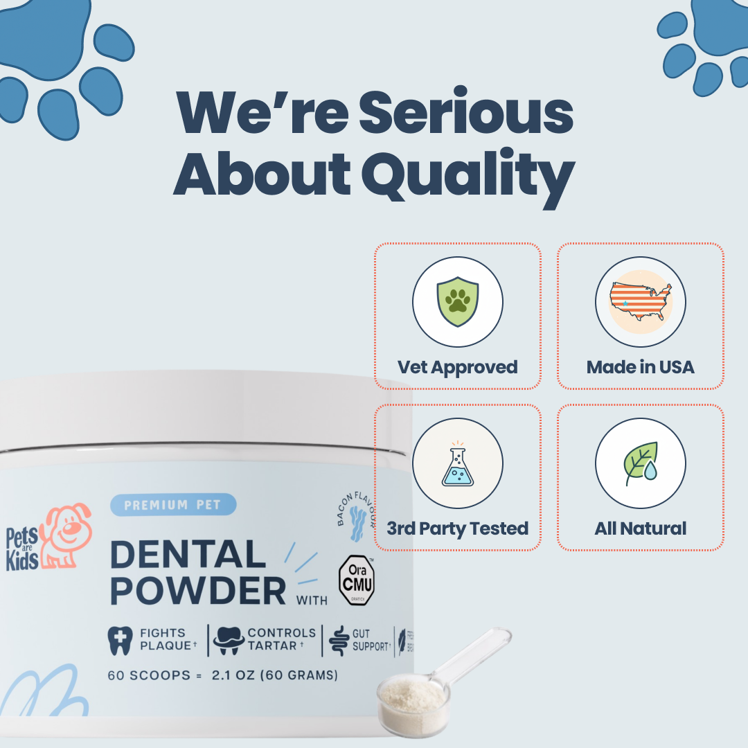 A jar of pet dental powder with icons highlighting features like Vet Approved and Made in USA.