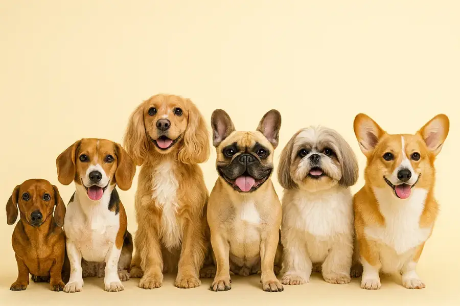 A group of dogs sitting together against a bright yellow background, showcasing various breeds and sizes.
