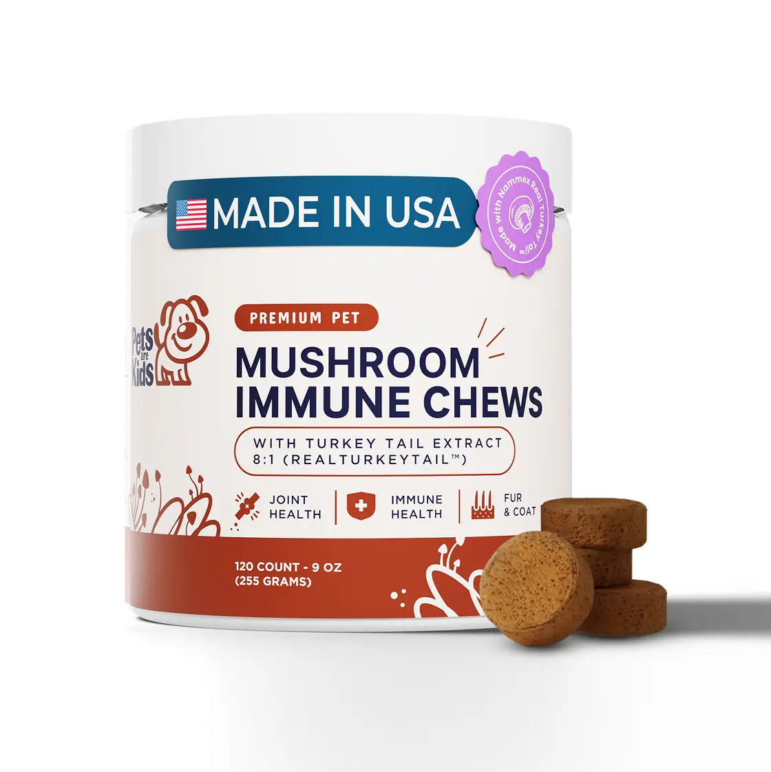 Container of mushroom immune chews for pets with USA label and chewable tablets.