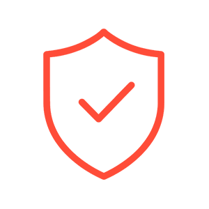 A red-orange line icon of a shield with a checkmark inside.