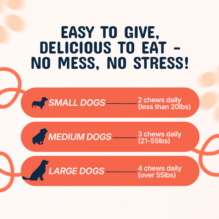 An infographic showing daily dosage recommendations for dog chews based on the dog's size and weight.